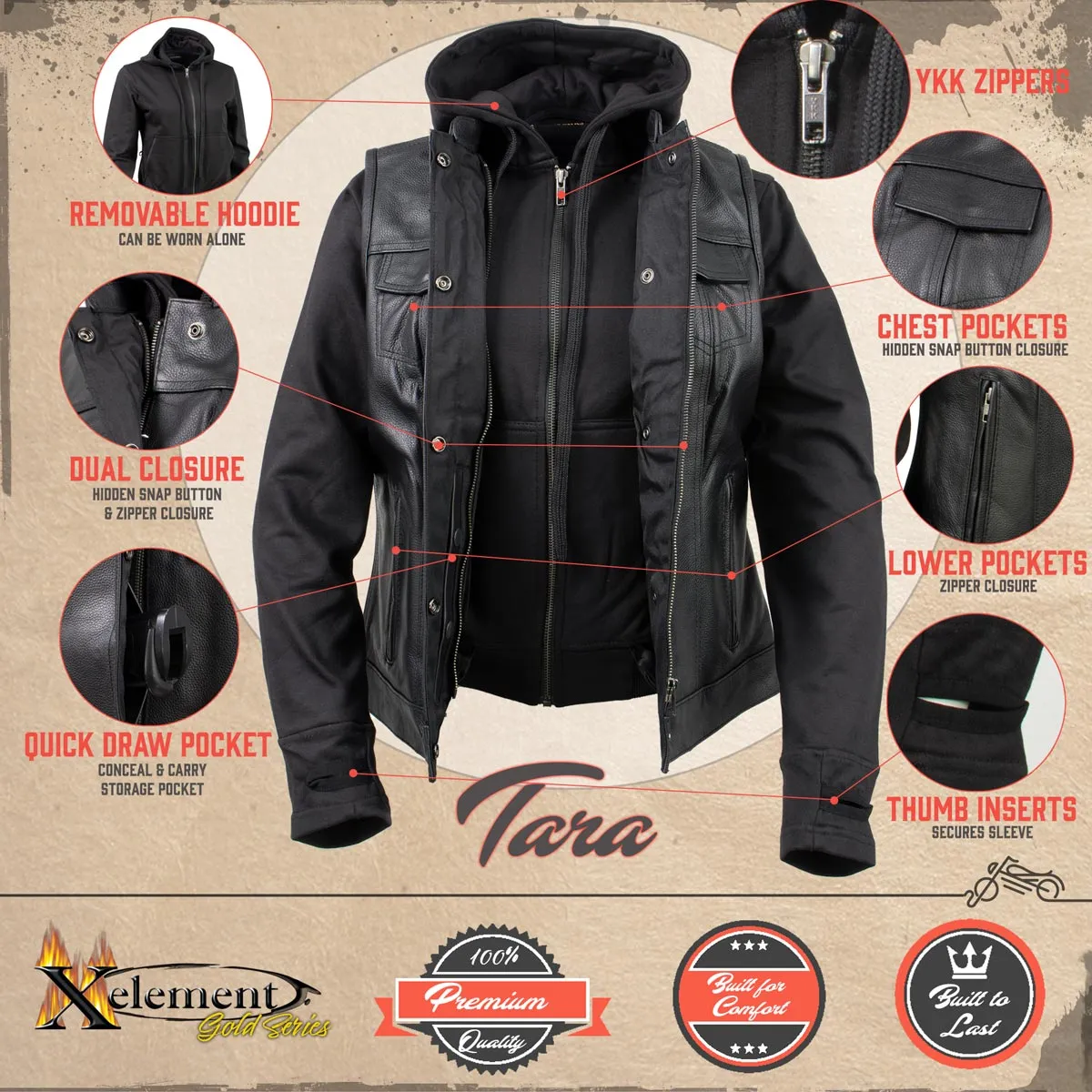 Xelement Gold XS24007 Women's 'Tara' Black Leather Motorcycle Rider 2 in 1 Hoodie Jacket with Convertible Vest